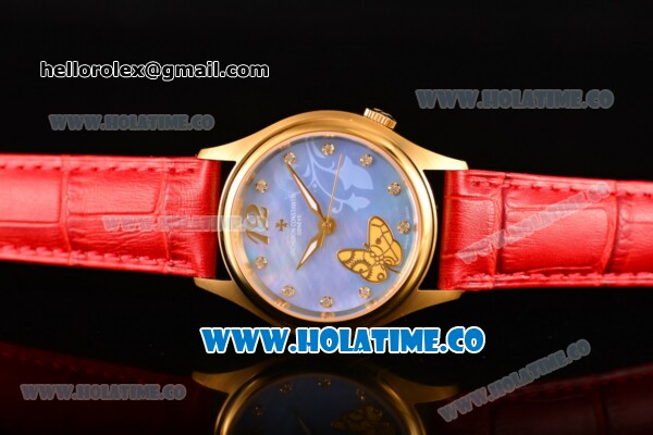 Vacheron Constantin Metiers d'Art Swiss ETA 2824 Automatic Yellow Gold Case with Blue MOP Dial Red Leather Strap and Diamonds Markers - Click Image to Close